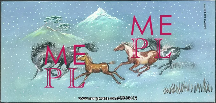 : Three horses and a foal galloping in the snow : Three horses and a foal galloping in the snow