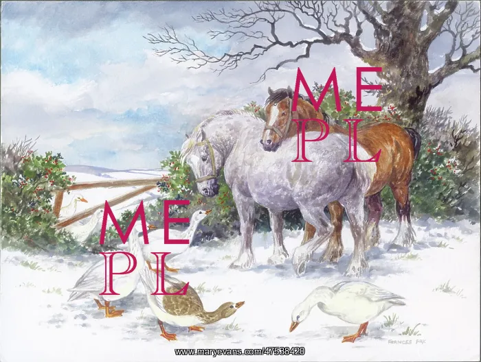 : Two horses and geese in the snow : Two horses and geese in the snow
