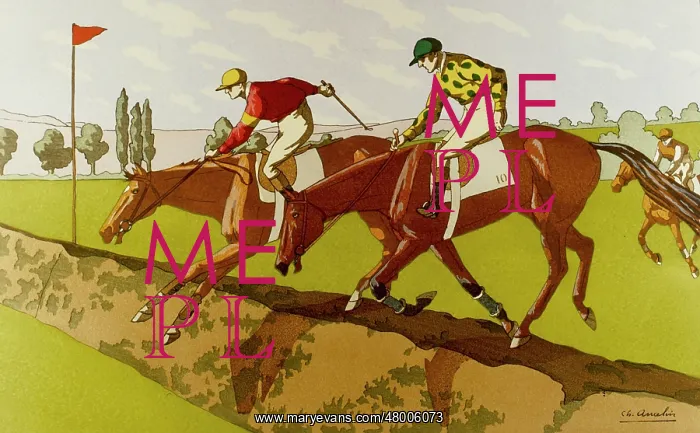  : Horses and jockeys jumping a hedge