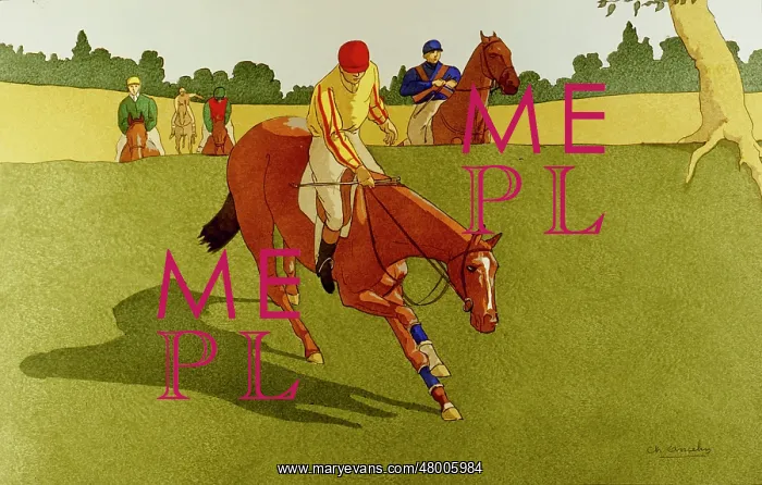 : Horses and jockeys riding across a field : Horses and jockeys riding across a field