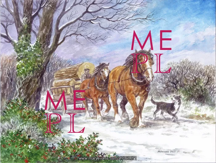 : Horses pulling timber cart in snow : Horses pulling timber cart in snow