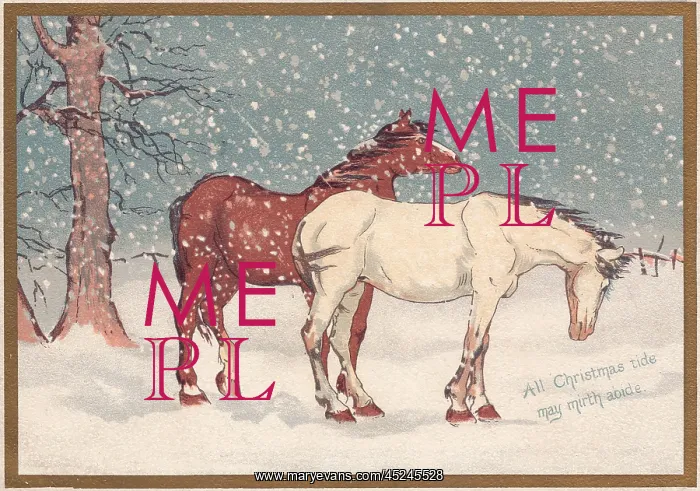  : Two horses in the snow on a Christmas card