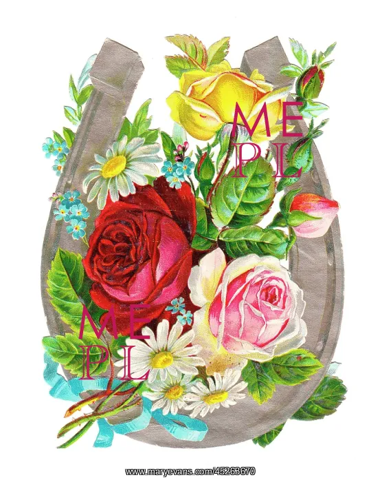 : Horseshoe with roses and daisies on a Victorian scrap : Horseshoe with roses and daisies on a Victorian scrap