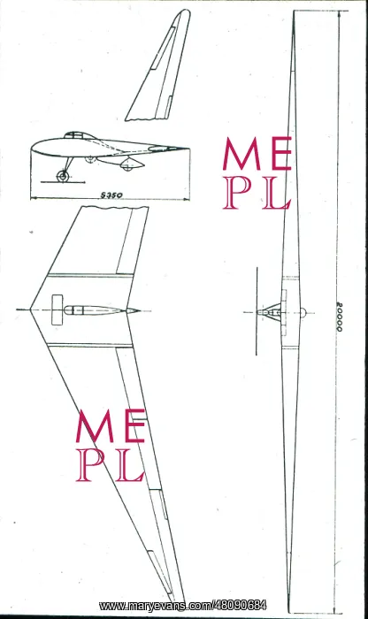 : Horten HIII glider three-view drawing : Horten HIII glider three-view drawing