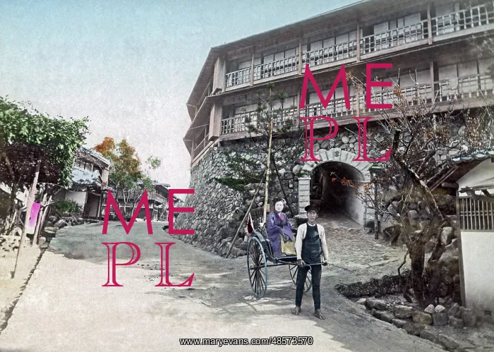 : Hotel and rickshaw, Taradzuki, Kobe, Japan, circa 1890s : Hotel and rickshaw, Taradzuki, Kobe, Japan, circa 1890s