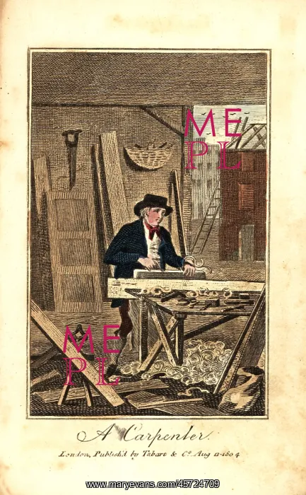 : House carpenter planing a board on a bench : House carpenter planing a board on a bench
