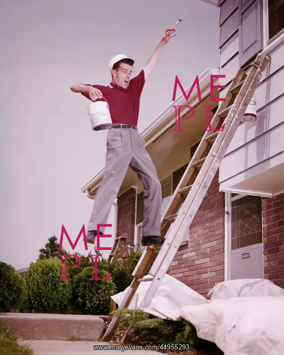: House Painter Man Holding Paint Can and Brush : House Painter Man Holding Paint Can and Brush