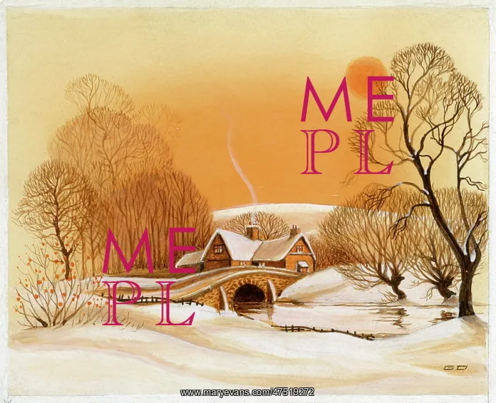 : House in the snow with bridge over river : House in the snow with bridge over river