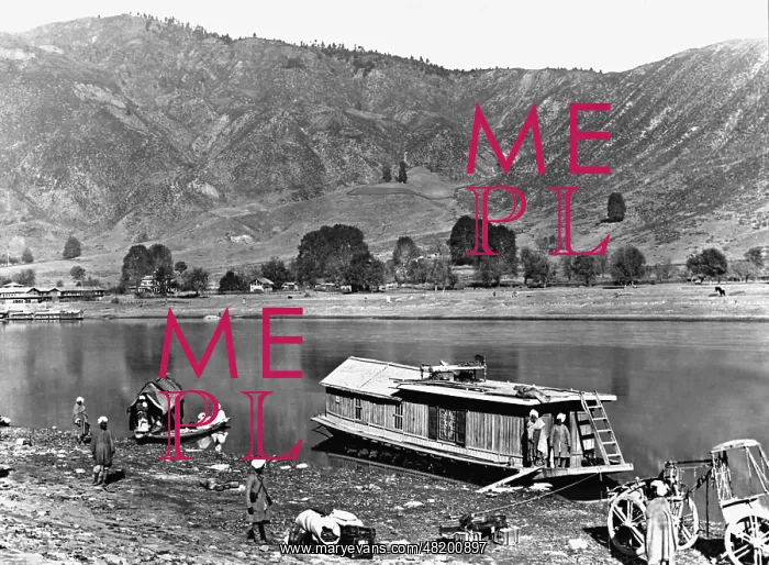 : Houseboat on a river in Kashmir, 1927 : Houseboat on a river in Kashmir, 1927