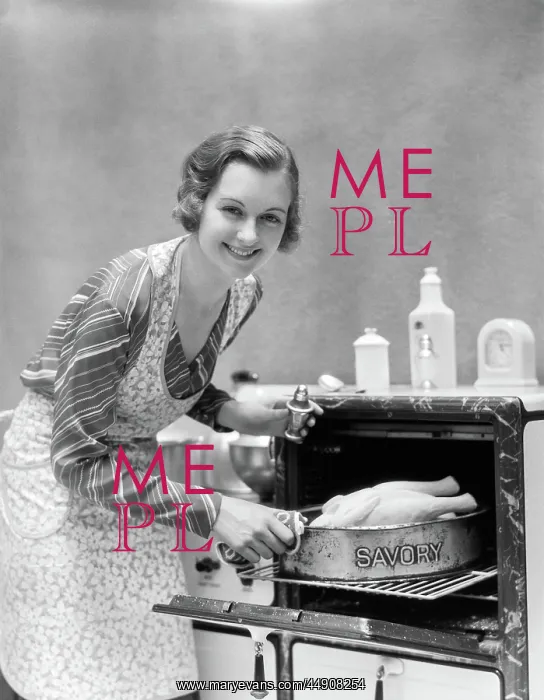 : Housewife in apron taking turkey in pan reading : Housewife in apron taking turkey in pan reading