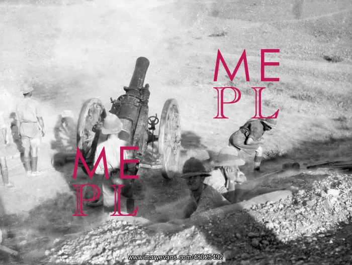 : Howitzer in action in the desert, WW1 : Howitzer in action in the desert, WW1