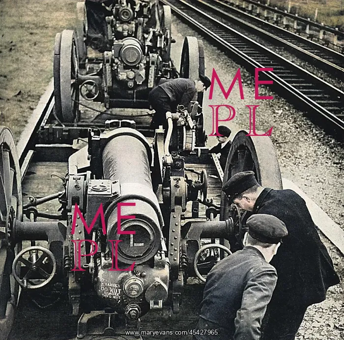 : Howitzers being unloaded at a railway station 1939 : Howitzers being unloaded at a railway station 1939