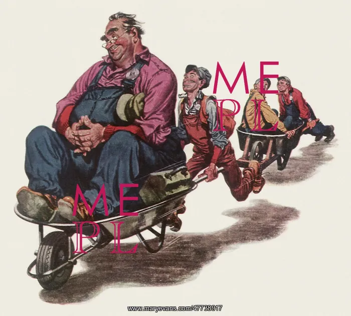 : Huge Man sits in Wheelbarrow pushed by Small Man : Huge Man sits in Wheelbarrow pushed by Small Man