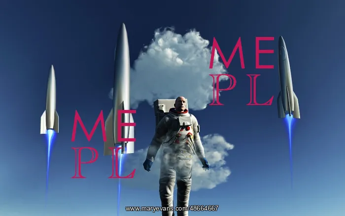  : A human astronaut in front of rocket spaceships taking off