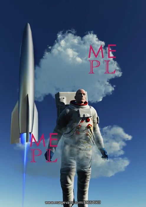  : A human astronaut in front of a rocketship taking off