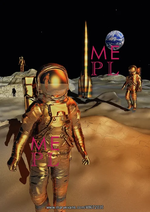: Human astronauts with their space rocket on the : Human astronauts with their space rocket on the