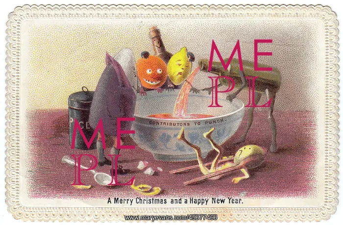 : Humanised bottles and fruit on a Christmas card : Humanised bottles and fruit on a Christmas card