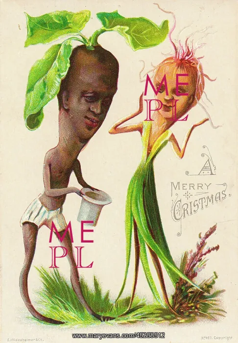 : Humanised vegetable couple on a Christmas card : Humanised vegetable couple on a Christmas card
