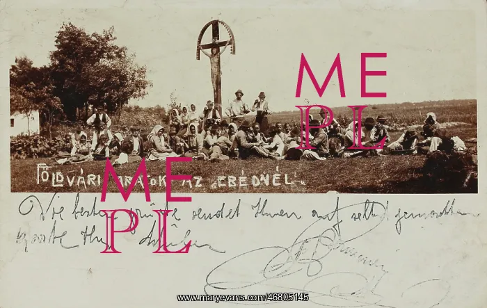 : Hungarian farmers rest at a crucifix : Hungarian farmers rest at a crucifix