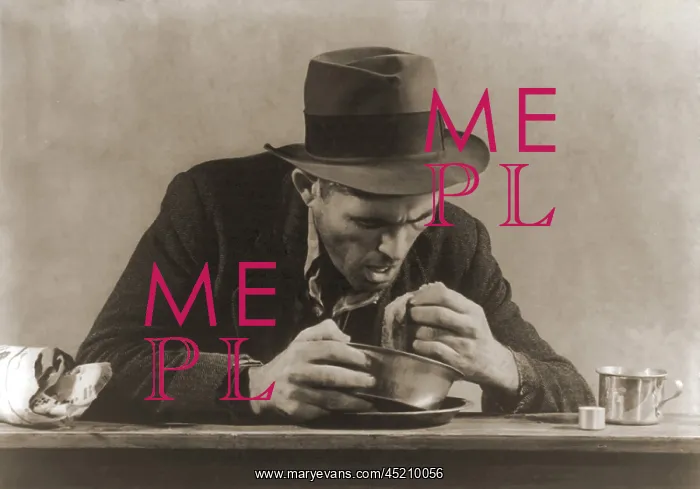 : Hungry man with his meal of bread and soup ? : Hungry man with his meal of bread and soup ?