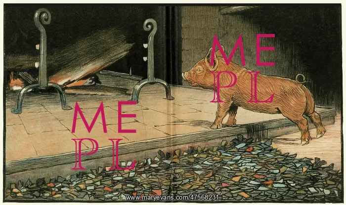 : Hungry Peter as a piglet approaches a fireplace : Hungry Peter as a piglet approaches a fireplace
