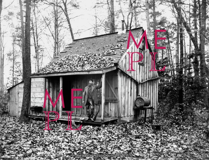 : Hunter Standing on Front Porch of Cabin in Woods : Hunter Standing on Front Porch of Cabin in Woods