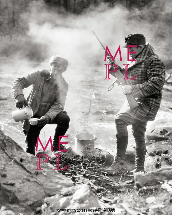 : Two Hunters Standing Camped by Stream One Making : Two Hunters Standing Camped by Stream One Making