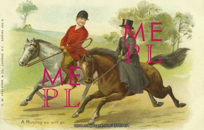 : Hunting. A Hunting we will go. Edwardian man and woman on horseback in hunting dress : Hunting. A Hunting we will go. Edwardian man and woman on horseback in hunting dress