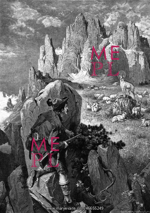 : hunting, game, hunter in mountains, after painting : hunting, game, hunter in mountains, after painting