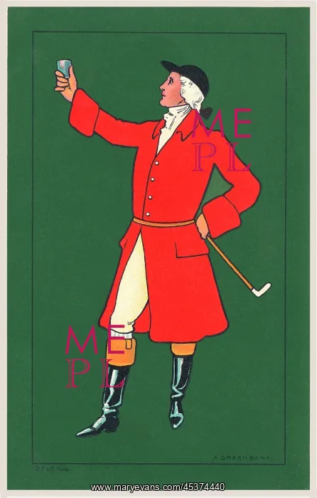 : Huntsman. A huntsman in red making a toast. Artist: Ada Greenbank : Huntsman. A huntsman in red making a toast. Artist: Ada Greenbank