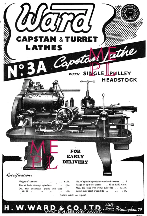: H.W.Ward Capstan & Turret Lathes. Ward No.3A Capstan Lathe : H.W.Ward Capstan & Turret Lathes. Ward No.3A Capstan Lathe