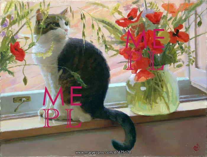 : Hyacinth and Poppies ' cat on windowsill : Hyacinth and Poppies ' cat on windowsill