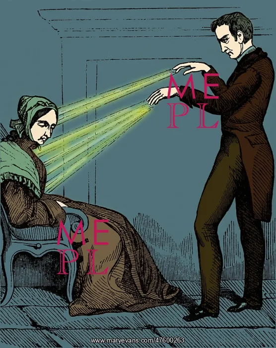 : Hypnotism. Illustration showing the hypnotism of a female subject : Hypnotism. Illustration showing the hypnotism of a female subject