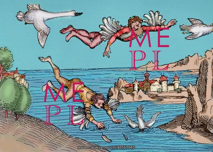 : Icarus and Daedalus flying. Engraving. Colored : Icarus and Daedalus flying. Engraving. Colored