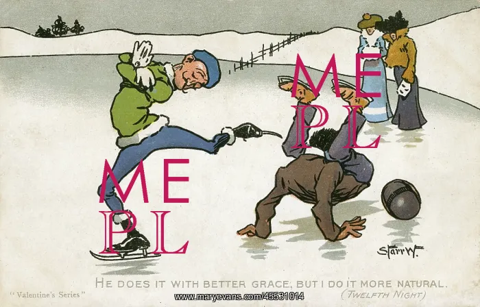 : Two ice skaters - one falling over : Two ice skaters - one falling over