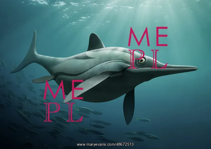 : Ichthyosaurus swimming underwater with a school of fish : Ichthyosaurus swimming underwater with a school of fish