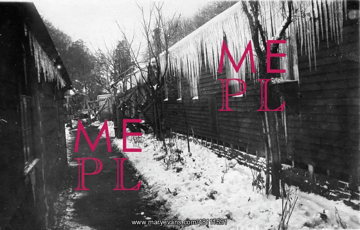 : Icicles on WW1 hospital huts in winter : Icicles on WW1 hospital huts in winter