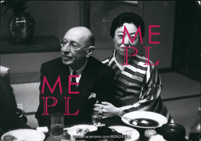 : Igor Stravinsky and geisha Hanko at dinner in Japan : Igor Stravinsky and geisha Hanko at dinner in Japan