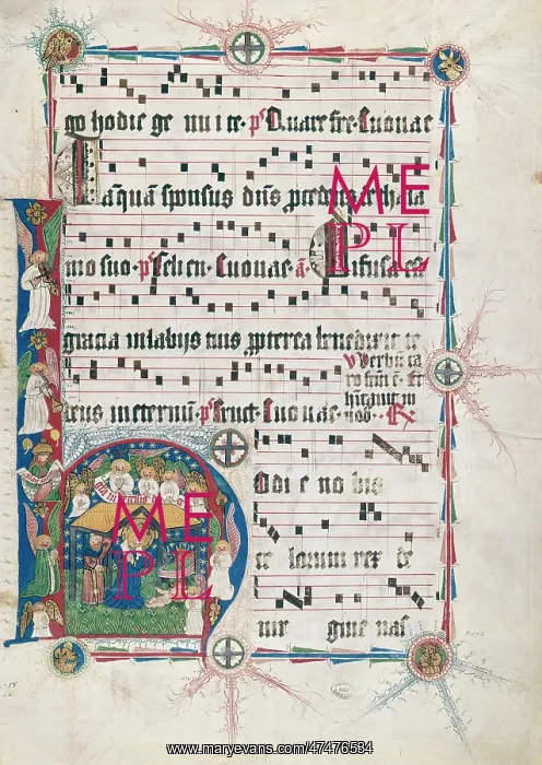 : Illuminated page showing Angels and Crib : Illuminated page showing Angels and Crib