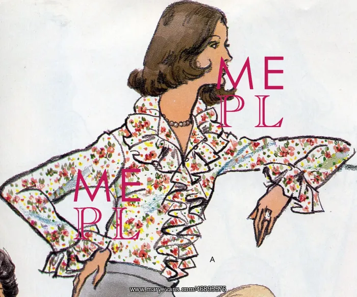 : Illustrated pattern for ladies ruffled blouse, 1970s : Illustrated pattern for ladies ruffled blouse, 1970s