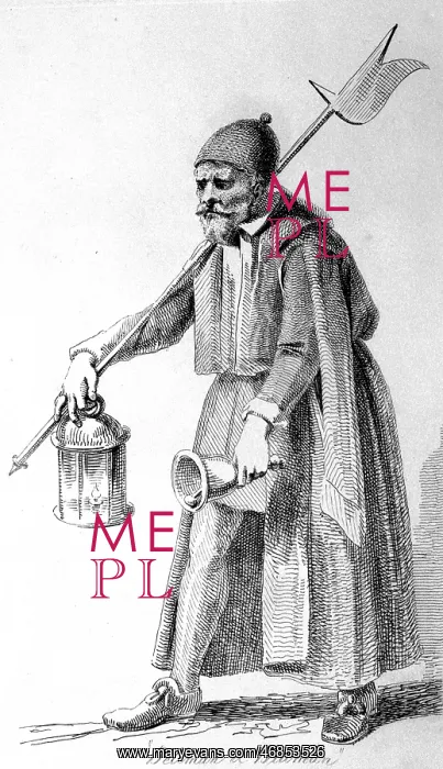 : Illustration of an 18th century Bellman and Billman : Illustration of an 18th century Bellman and Billman