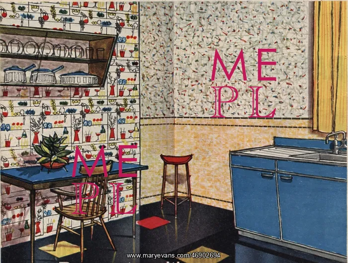 : Illustration of 1960s kitchen featured in Practical Househol : Illustration of 1960s kitchen featured in Practical Househol