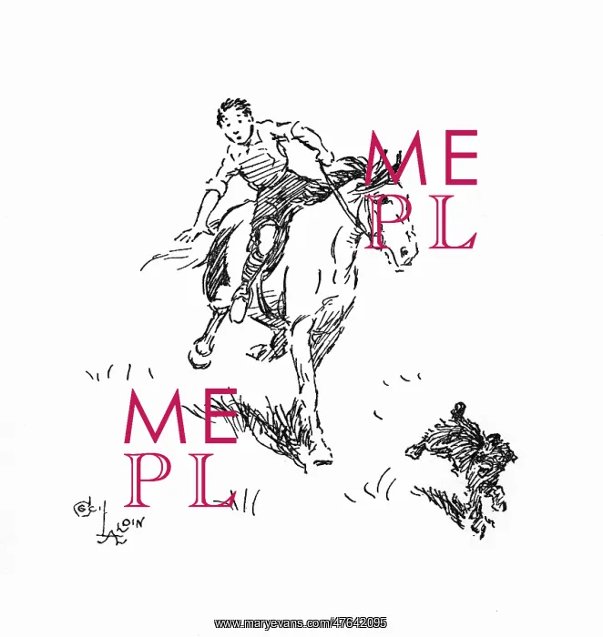 : Illustration, boy sliding off a pony : Illustration, boy sliding off a pony