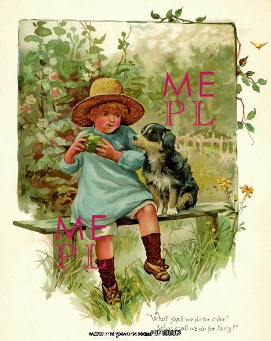: Illustration, Child eating apple, with dog : Illustration, Child eating apple, with dog