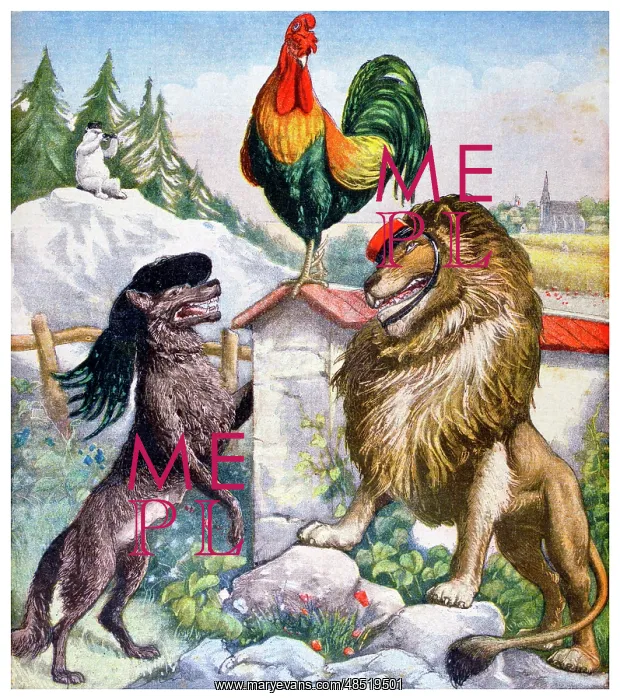 : Illustration of a Cockerel a Fox and a lion representing : Illustration of a Cockerel a Fox and a lion representing