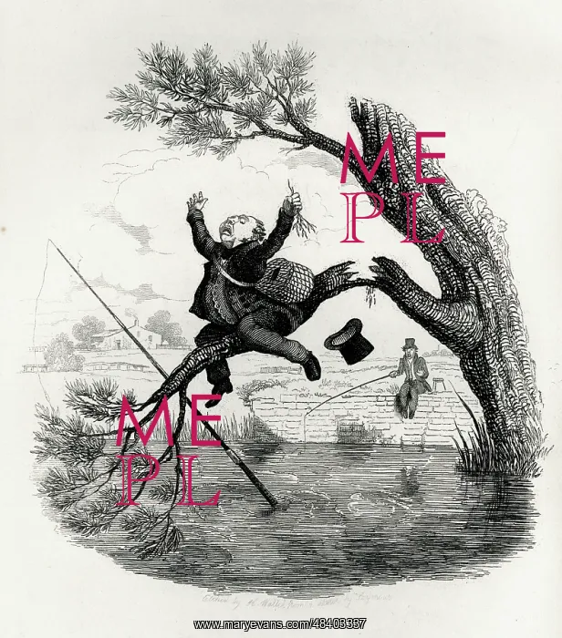 : Illustration, Fisherman about to fall into the water : Illustration, Fisherman about to fall into the water