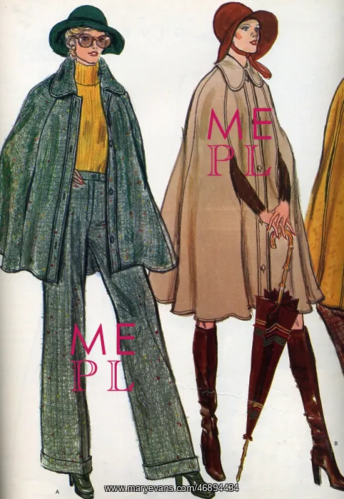 : Illustration for ladies capes from Patterns, 1970s : Illustration for ladies capes from Patterns, 1970s