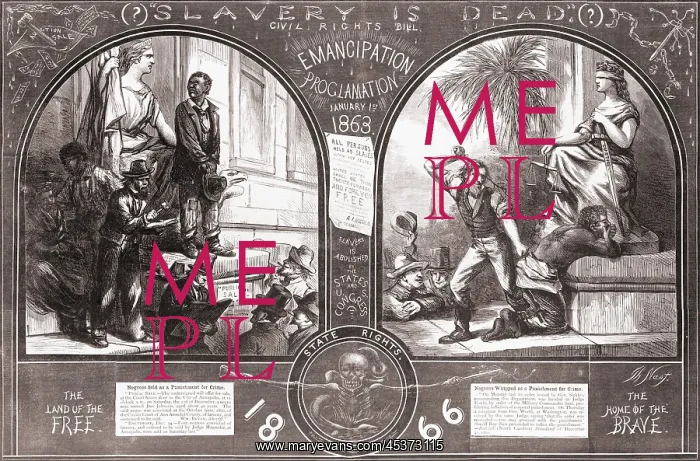 : Illustration at left shows a slave being sold : Illustration at left shows a slave being sold