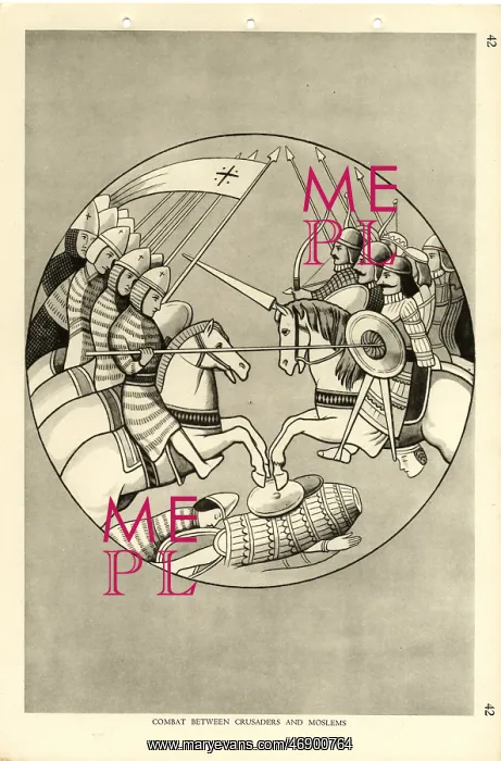 : Illustration of mounted combat between Crusaders and Moslems : Illustration of mounted combat between Crusaders and Moslems