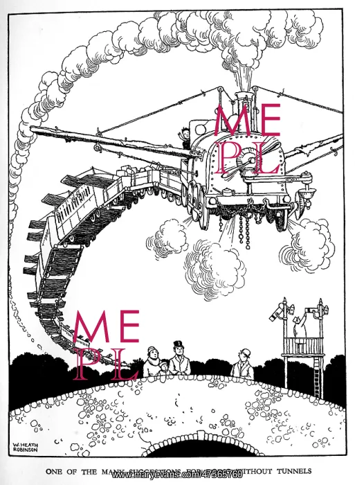 : Illustration, Railway Ribaldry by W Heath Robinson : Illustration, Railway Ribaldry by W Heath Robinson